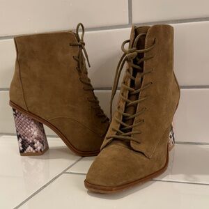 Vince Camuto Brown Suede Lace-Up Ankle Boots with Snakeskin Heel